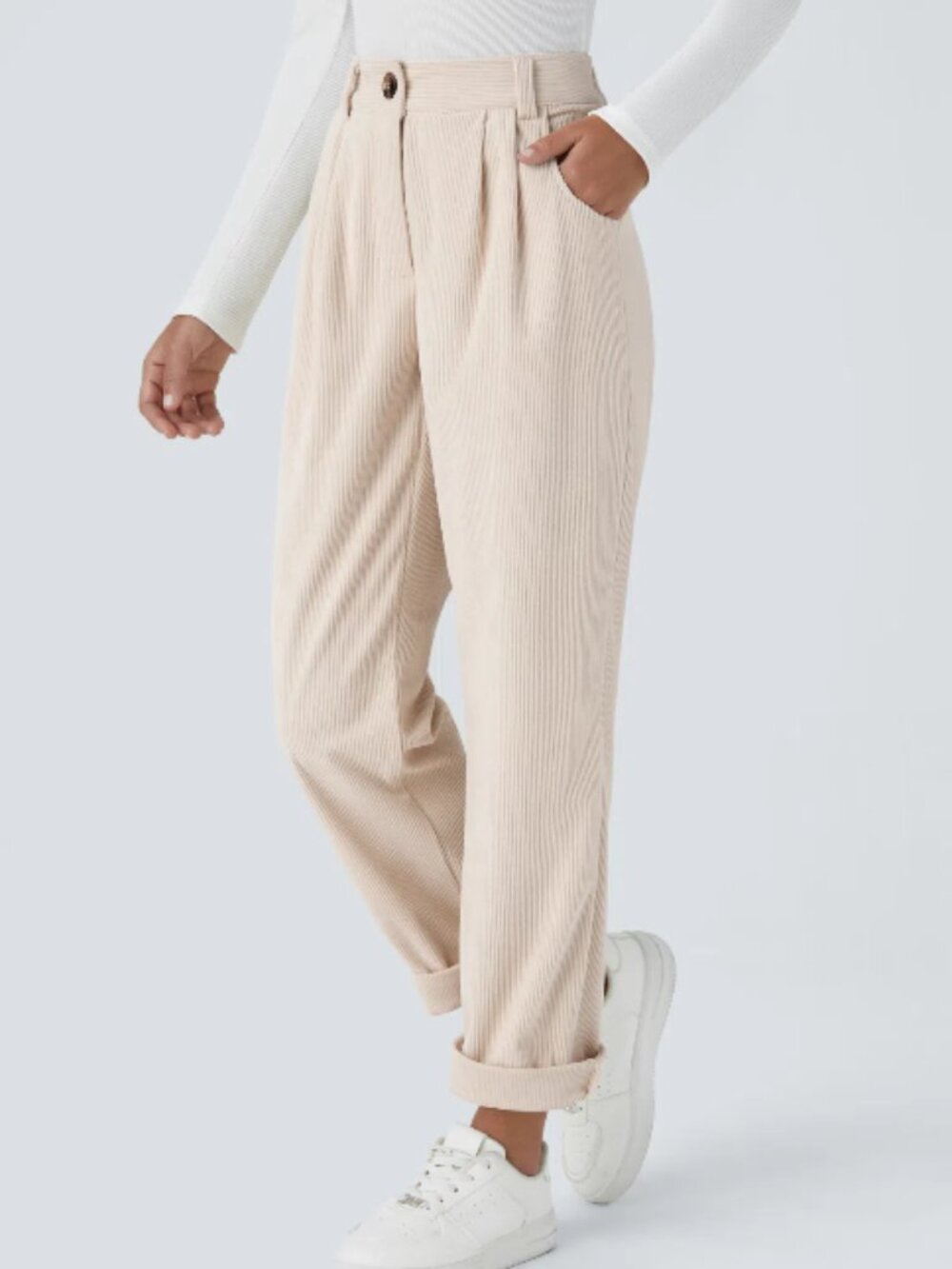 NEW HALARA Women's Corduroy Straight-Leg Pants Size XL in Cream Casual Office